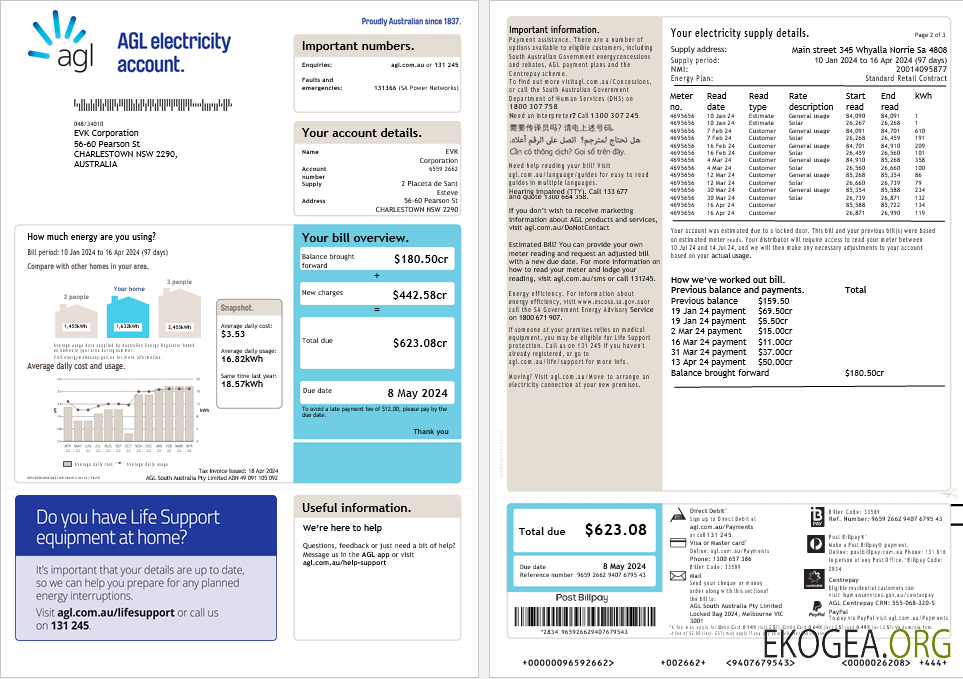 Compte d'électricité AGL australien, facture de services publics d'énergie, 3 pages, version 2